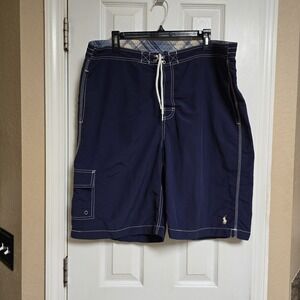 Ralph Lauren‎ Polo Lined Swim Trunks Mens XLarge Navy Blue/Yellow Pony Pockets